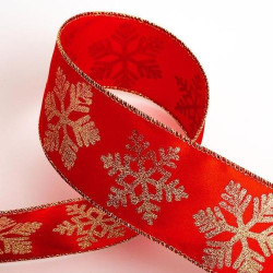 Glitter Gold Snowflakes Satin Wired Edge Red Ribbon 63mm