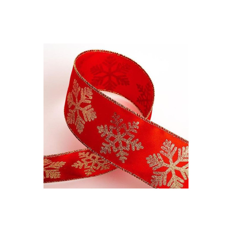 Glitter Gold Snowflakes Satin Wired Edge Red Ribbon 63mm