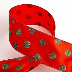 Glitter Green Dots Satin Wired Edge Red Ribbon 63mm