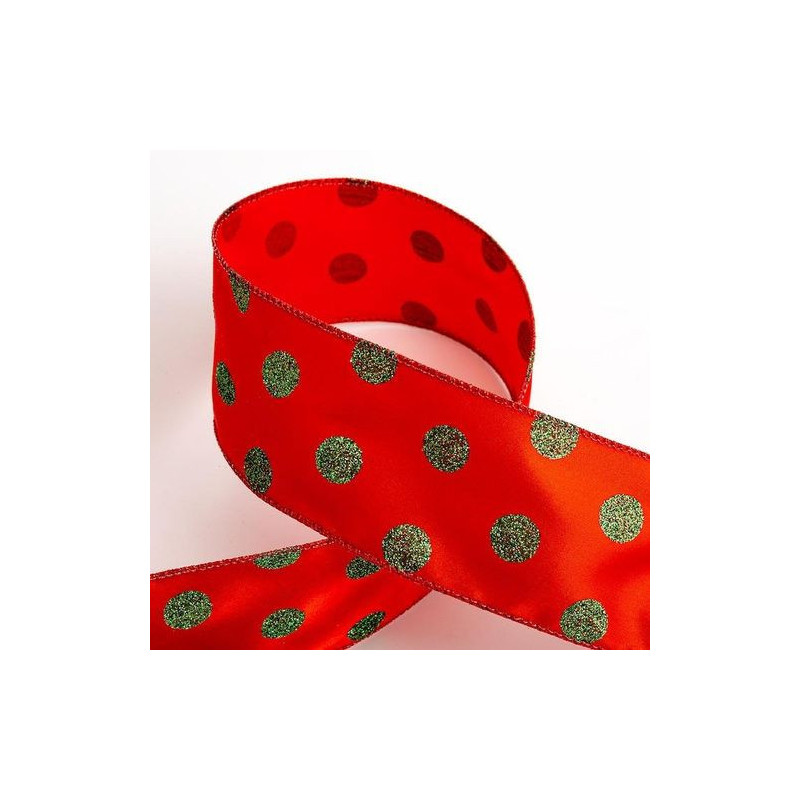 Glitter Green Dots Satin Wired Edge Red Ribbon 63mm