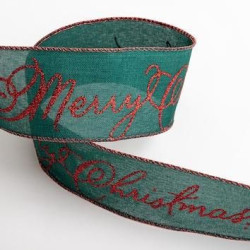 Glitter Merry Christmas Linen Wired Edge Ribbon 63mm