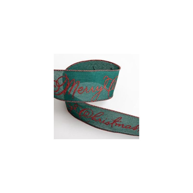 Glitter Merry Christmas Linen Wired Edge Ribbon 63mm