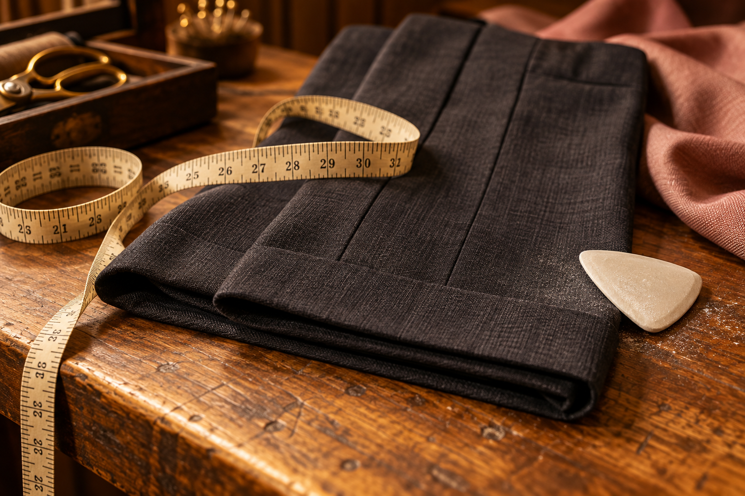 Measuring tape and chalk beside a trouser hem