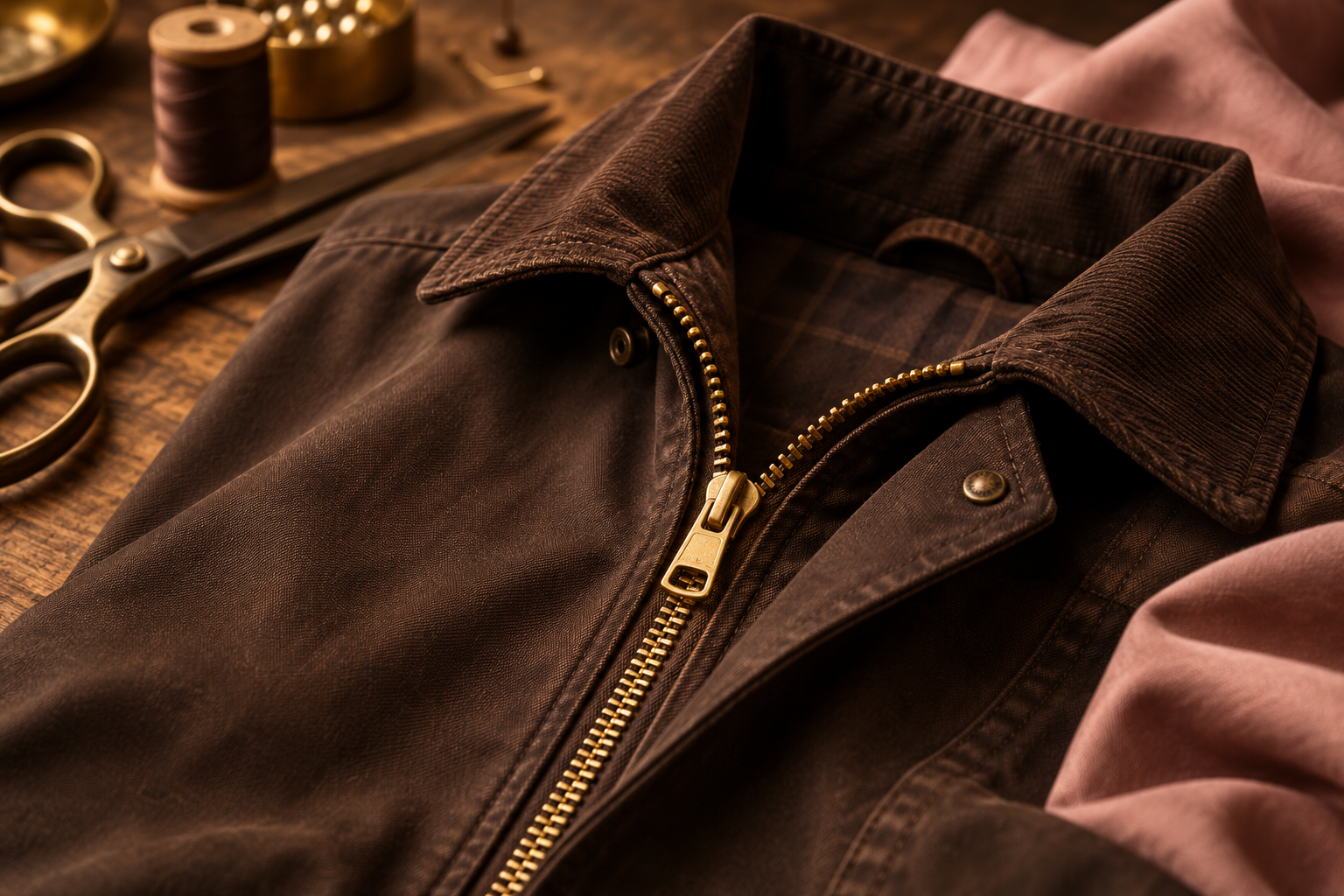 Brass zip in a brown jacket